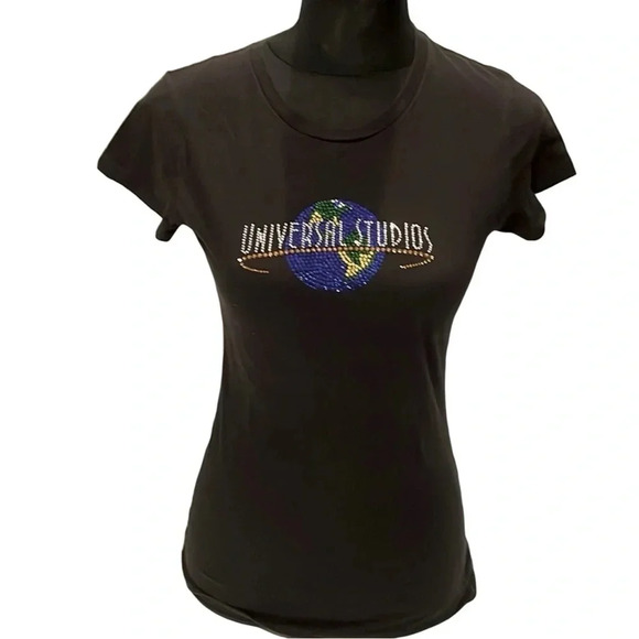 Universal Studios Theme Park Rhinestones Fitted Cap Sleeve T-Shirt Womens L - Picture 1 of 3